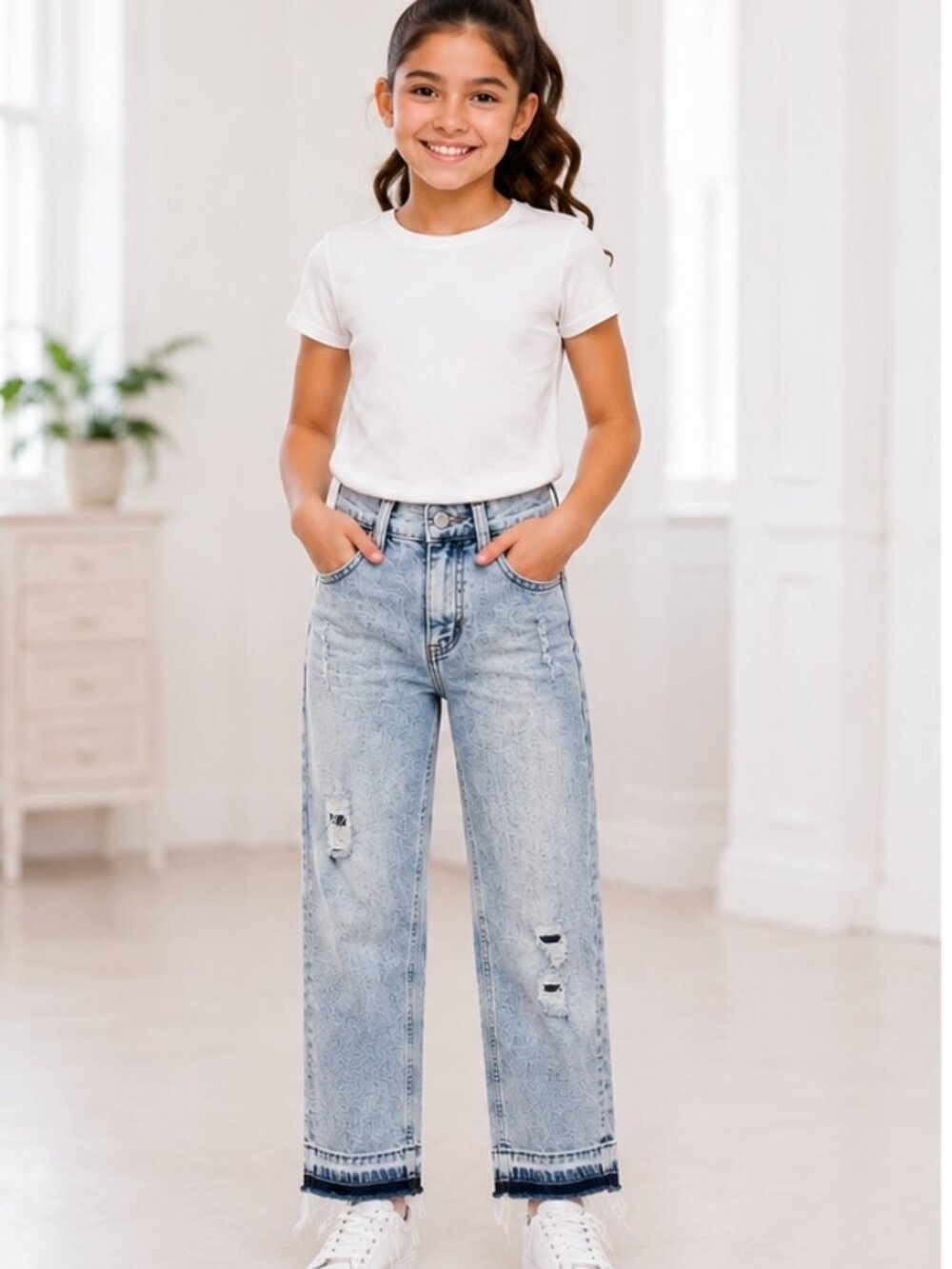 Justice Girls Size 10 Light Wash Distressed Wide Leg Jeans